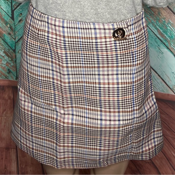SANDRO Power plaid houndstooth check woven A-line high waist mini skirt - Picture 2 of 9